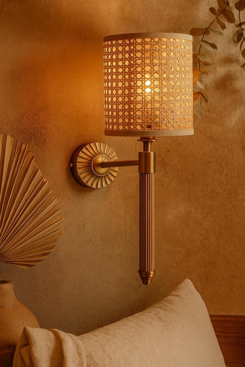 AKWAY Rattan Wall lamp for Living Room | Bamboo Wall Lights for Bedroom | Modern Cane Wall Lamps for Home Decoration (Hexagonal Cylindrical Webbing - Eshana) - Image 3