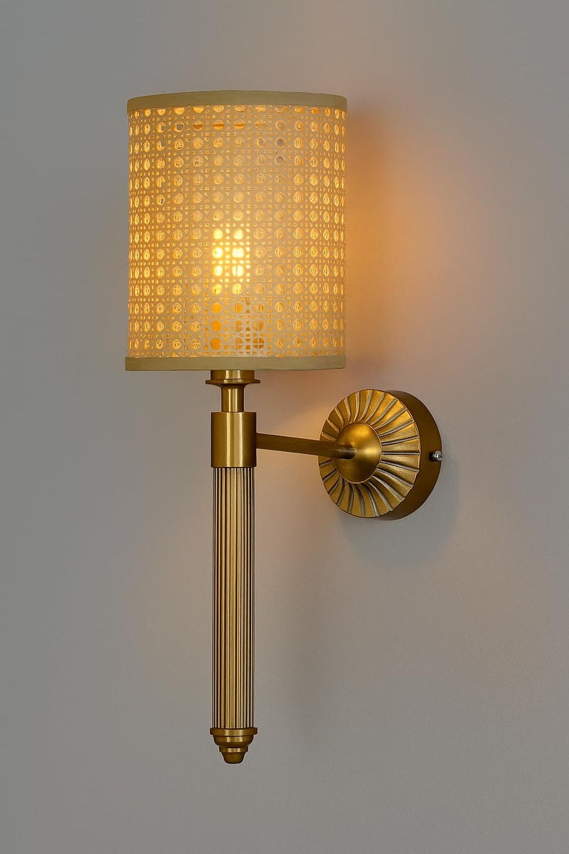 AKWAY Rattan Wall lamp for Living Room | Bamboo Wall Lights for Bedroom | Modern Cane Wall Lamps for Home Decoration (Hexagonal Cylindrical Webbing - Eshana) - Image 1