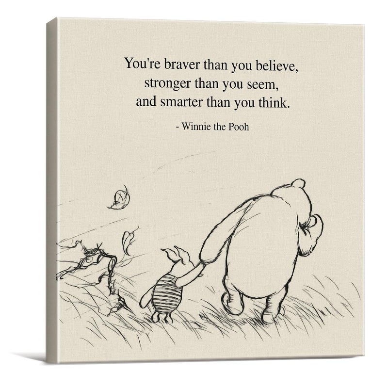 Dolimifa Classic Winnie the Pooh Quote Wall Art Decor Retro Braver Stronger Smarter Positive Sayings Canvas Painting Pictures Framed Print Sign Artwork Ready to Hang (8x8 Inches) - Image 1