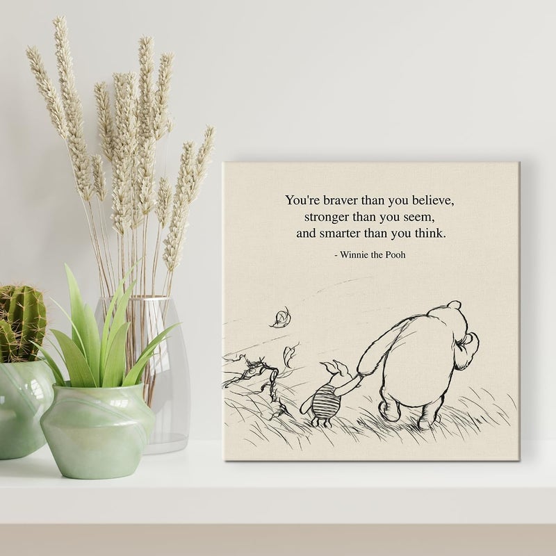 Dolimifa Classic Winnie the Pooh Quote Wall Art Decor Retro Braver Stronger Smarter Positive Sayings Canvas Painting Pictures Framed Print Sign Artwork Ready to Hang (8x8 Inches) - Image 4