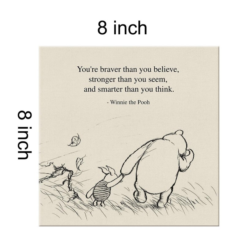 Dolimifa Classic Winnie the Pooh Quote Wall Art Decor Retro Braver Stronger Smarter Positive Sayings Canvas Painting Pictures Framed Print Sign Artwork Ready to Hang (8x8 Inches) - Image 2