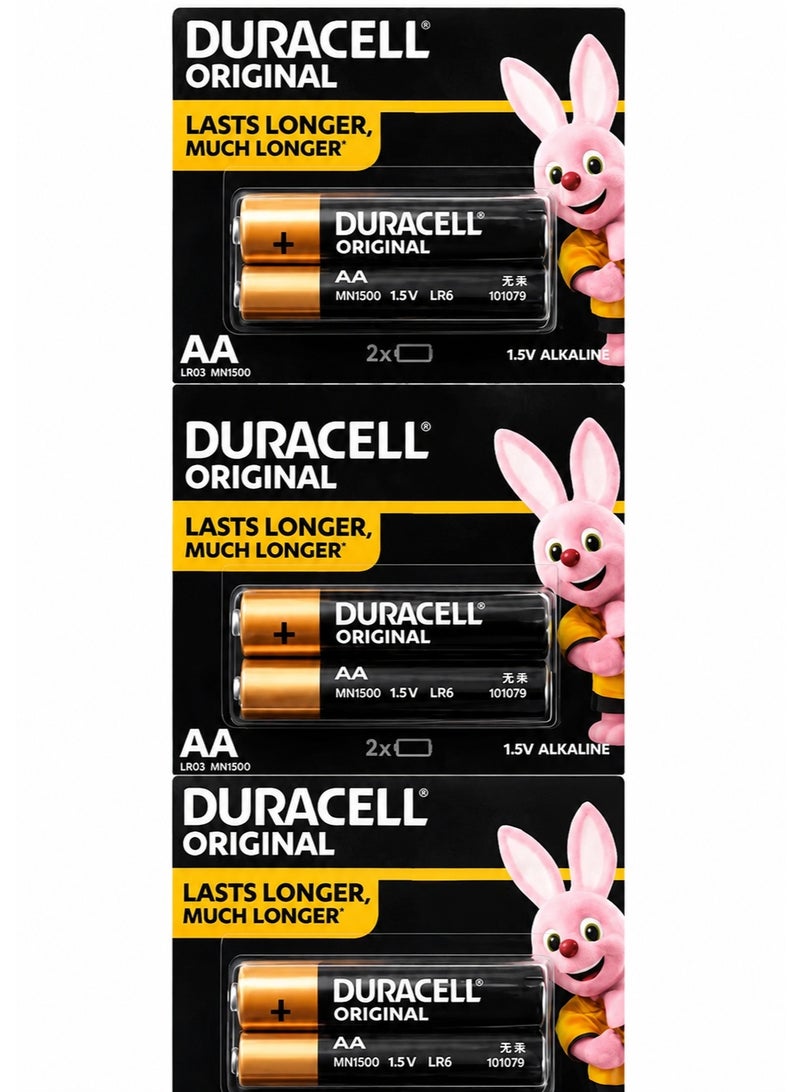 Pack of 6 Duracell AA 1.5V alkaline batteries (MN1500 LR6), built for dependable, long-duration energy and enhanced leak protection
