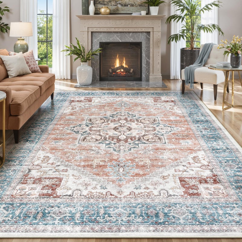 LIVEBOX 8x10 Washable Area Rug - Large Vintage Tribal Living Room Rug Oriental for Bedroom, Non-Slip Retro Medallion Carpet Print Distressed for Dining Room Guest Office - Image 1