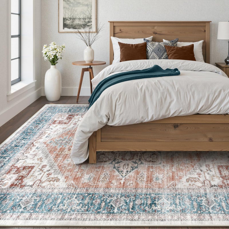 LIVEBOX 8x10 Washable Area Rug - Large Vintage Tribal Living Room Rug Oriental for Bedroom, Non-Slip Retro Medallion Carpet Print Distressed for Dining Room Guest Office - Image 3