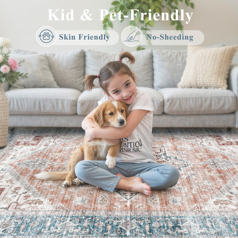 LIVEBOX 8x10 Washable Area Rug - Large Vintage Tribal Living Room Rug Oriental for Bedroom, Non-Slip Retro Medallion Carpet Print Distressed for Dining Room Guest Office - Image 5