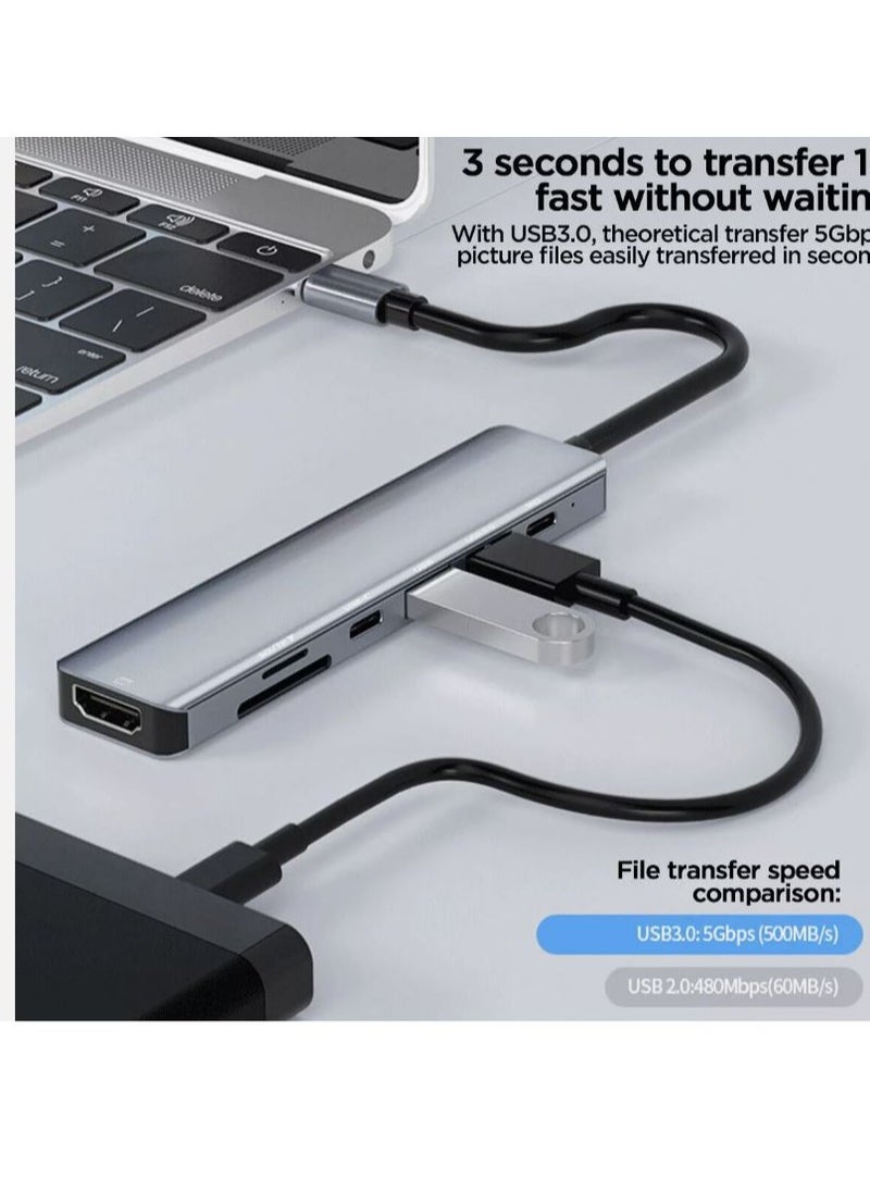 Zero - USB C Hub 7 in 1, USB C Adapter with 4K HDMI, Two USB-C Ports, USB 3.0, SD/TF card - Image 1