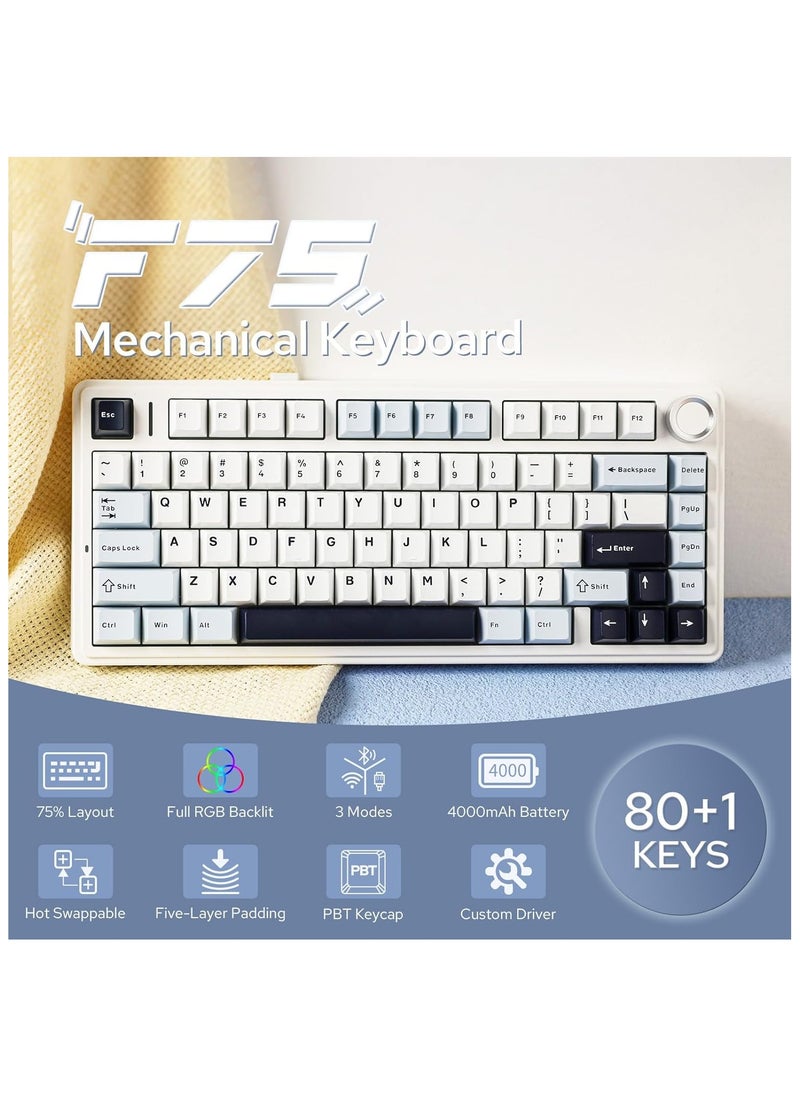 AULA - AULA F75 Gasket Mechanical Keyboard, 75% Wireless Hot Swappable Gaming Keyboard with Five-Layer Padding&Knob, Bluetooth/2.4GHz/USB-C, RGB (Light Blue, LEOBOG Reaper Switch) - Image 1