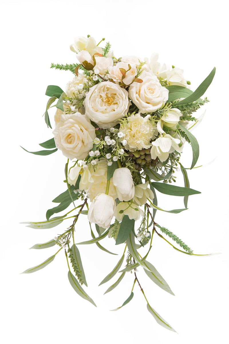BENCENTRE 12Inch White  Greenery Cascading Bridal Bouquet for Wedding Ceremony Anniversary French Rustic Vintage Style  Artificial Flowers