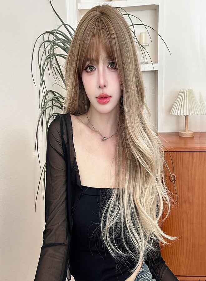 AIKO PRO 26 Inches Long Wavy Curly Wig for Women Blonde Brown Synthetic Hair Natural Curly Wig With Airy Bangs Party Cosplay Wig, Gradient Blonde - Image 2