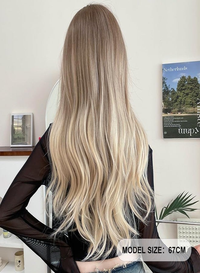 AIKO PRO 26 Inches Long Wavy Curly Wig for Women Blonde Brown Synthetic Hair Natural Curly Wig With Airy Bangs Party Cosplay Wig, Gradient Blonde - Image 4