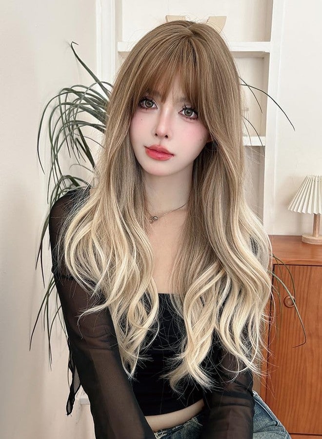 AIKO PRO 26 Inches Long Wavy Curly Wig for Women Blonde Brown Synthetic Hair Natural Curly Wig With Airy Bangs Party Cosplay Wig, Gradient Blonde - Image 5