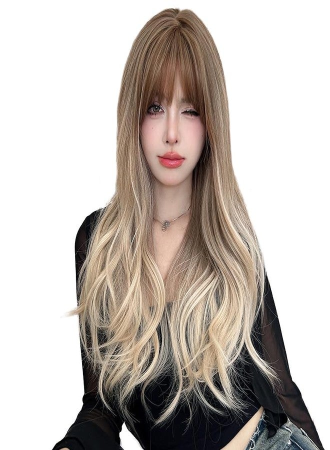 AIKO PRO 26 Inches Long Wavy Curly Wig for Women Blonde Brown Synthetic Hair Natural Curly Wig With Airy Bangs Party Cosplay Wig, Gradient Blonde - Image 1