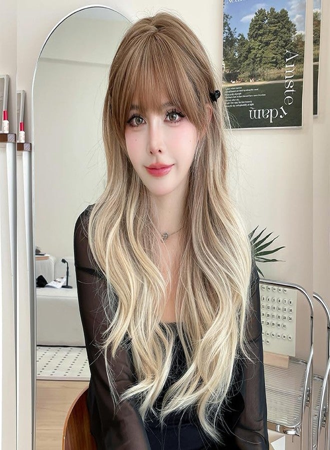 AIKO PRO 26 Inches Long Wavy Curly Wig for Women Blonde Brown Synthetic Hair Natural Curly Wig With Airy Bangs Party Cosplay Wig, Gradient Blonde - Image 3