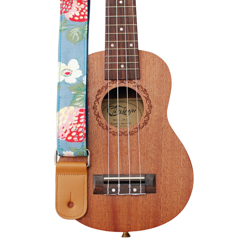MUSIC FIRST Original Design â€œStrawberry Flowersâ€ Vintage style Soft Canvas & Genuine Leather Ukulele Strap Ukulele Shoulder Strap - Image 1