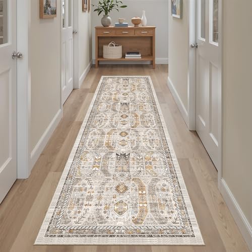 Madane Runner Rug 2x8, Washable Hallway Runner Rugs, Non-Slip Low-Pile Soft Kitchen Rug Runner Laundry Room Rug, Vintage Throw Entry Foyer Mat for Entrance Living Room (Brown/Gold, 2 x 8) - Image 2