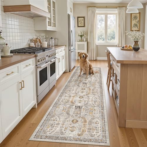 Madane Runner Rug 2x8, Washable Hallway Runner Rugs, Non-Slip Low-Pile Soft Kitchen Rug Runner Laundry Room Rug, Vintage Throw Entry Foyer Mat for Entrance Living Room (Brown/Gold, 2 x 8) - Image 1