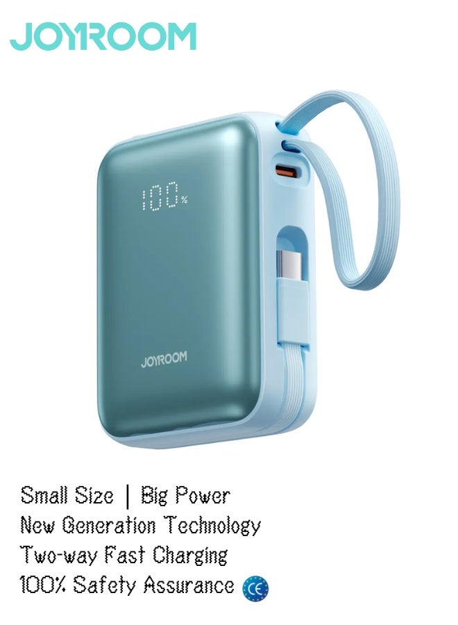 JOYROOM 10000mAh Super Mini Fast Charging Power Bank with Built-in Type-C and Lightning Dual Cables, Smart LED Display Powerbank, Dual Input/Output, 3-Device Charging, Compact Portable Battery Pack for iPhone 17 16 and below, Samsung 25 and below and Other Phones – Safe & Heat-Resistant Design - CE Certified Sea Blue - Image 1