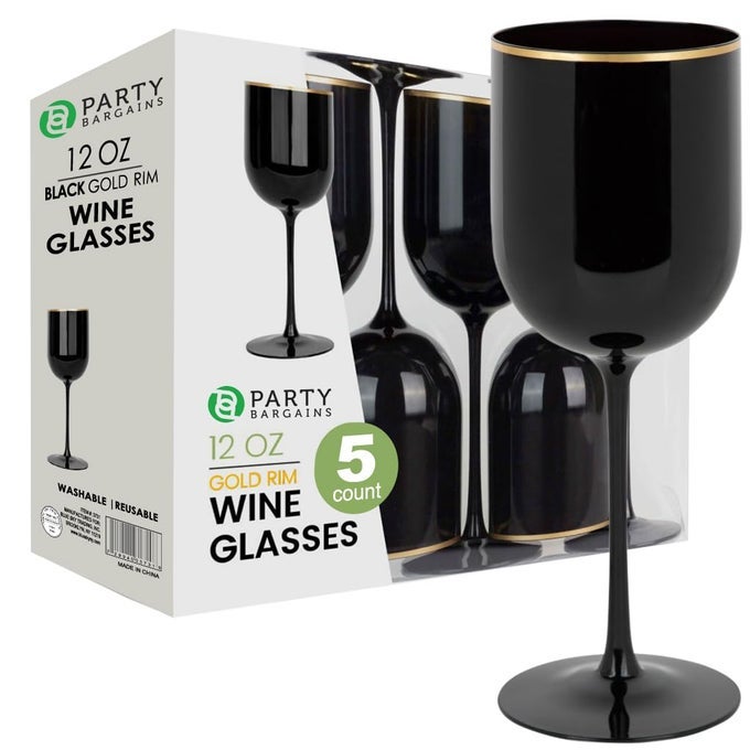 12 OZ BLACK WINE GOBLETS WITH GOLD RIM 5 PACK ELEGANT DISPOSABLE PLASTIC WINE GLASSES WITH STEMS FOR POOL PARTIES WEDDINGS AND OUTDOOR RECEPTIONS