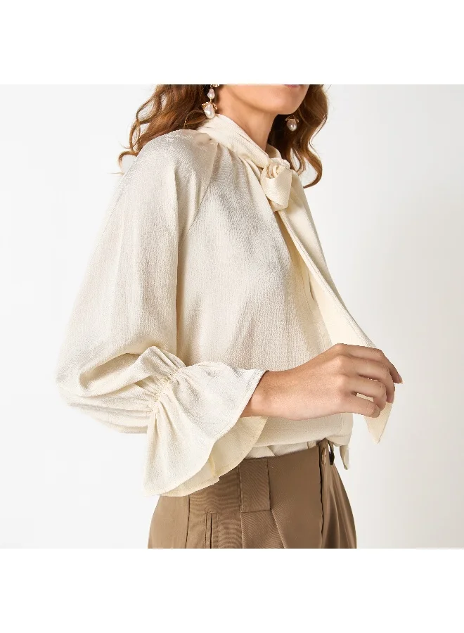 Iconic Iconic Textured Top with Tie-Neck and Flounce Sleeves