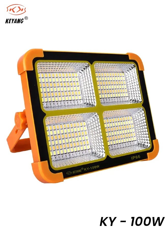 KEYANG KY-100W Solar LED Flood Light Portable Rechargeable Work Light with Solar Panel, Power Bank Output, 5 Lighting Modes, Magnetic Mount, 180° Adjustable Stand, IP66 Waterproof for Camping, Outdoor, Emergency, Home, Garage, Car Repair - Image 1