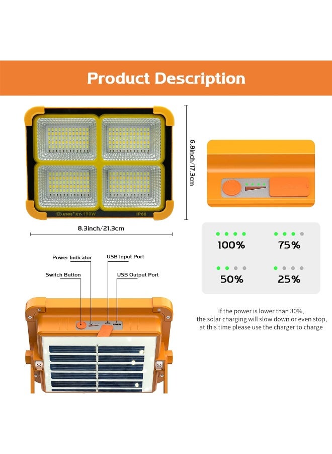 KEYANG KY-100W Solar LED Flood Light Portable Rechargeable Work Light with Solar Panel, Power Bank Output, 5 Lighting Modes, Magnetic Mount, 180° Adjustable Stand, IP66 Waterproof for Camping, Outdoor, Emergency, Home, Garage, Car Repair - Image 3