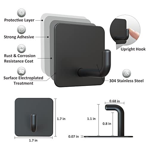 VIS'V Adhesive Hooks, Metal Shower Wall Stick on Hooks, Waterproof, 2 Extra Adhesive Strips, Black, 4 Pcs - Image 3