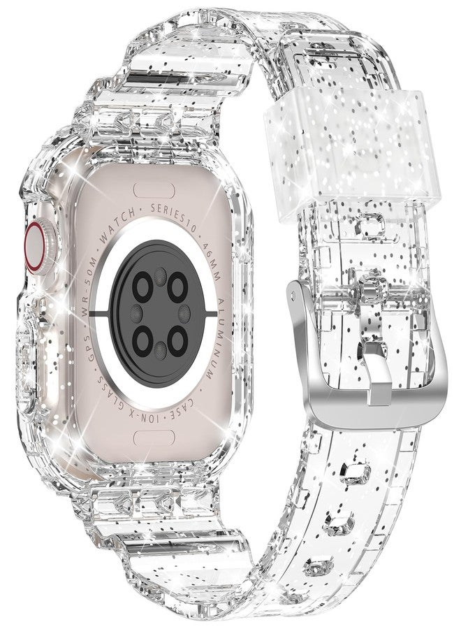 XYF Compatible for Crystal Clear Apple Watch Bands, 46mm Series 10 Bumper Case for Men Women Jelly Sport Cover Strap for iWatch Ultra 2/1 Series 10 9 8 7 SE 6 5 4 3 2 1 (GlitterClear, 46) - Image 2