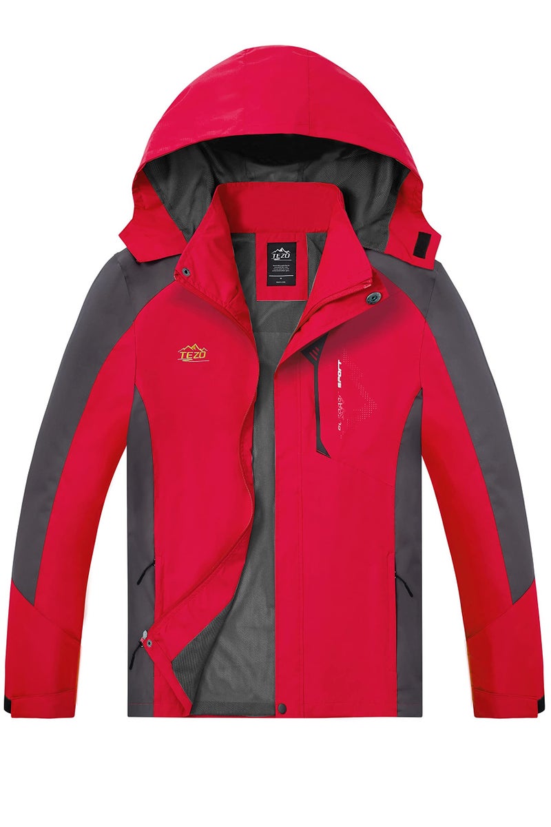 TEZO Mens Rain Jacket Waterproof with Hooded Hiking Coat Lightweight WindbreakerRDGY L