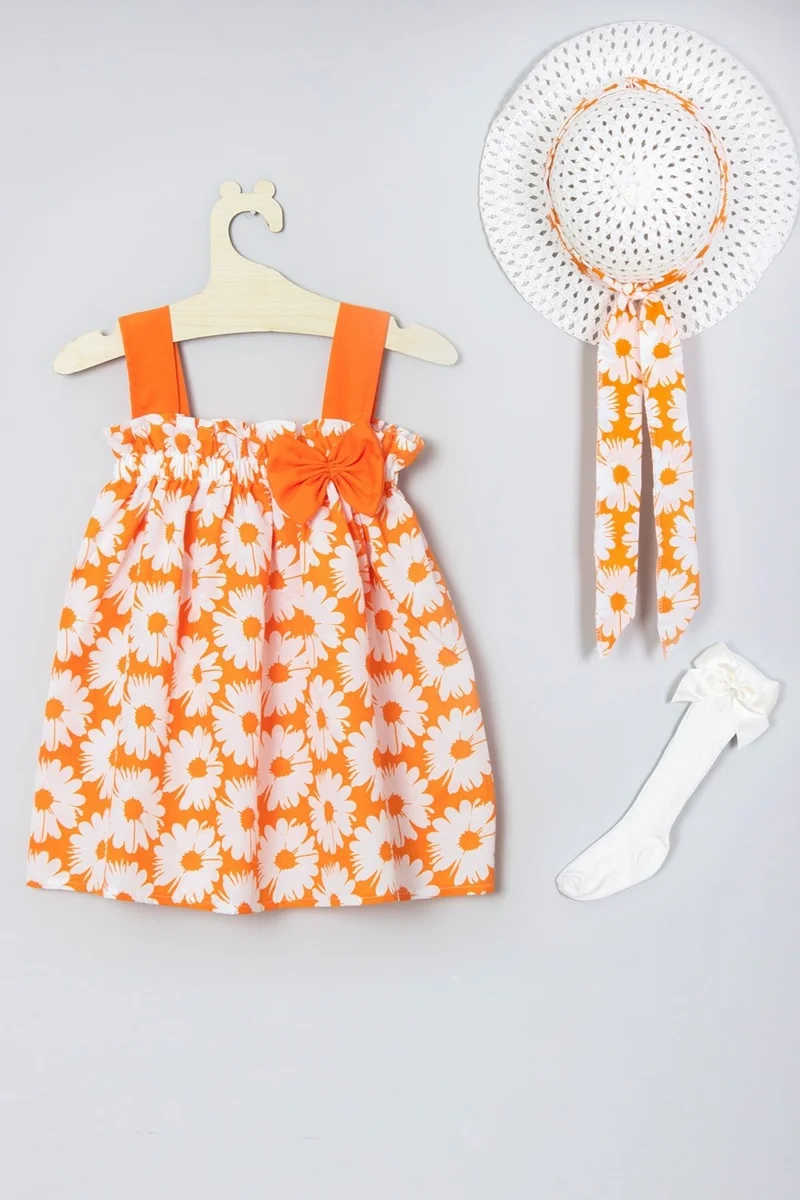 ادا بيبيك تشوكوك Ada Baby Child Hat Flower Patterned Dress Knee Length Bow Socks Set 012