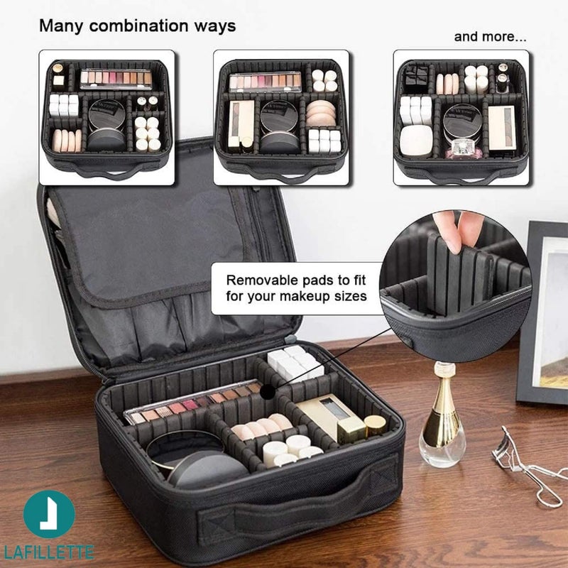 LAFILLETTE Travel Cosmetic Bags Professional Makeup Case Box Organizer with Adjustable Dividers Compartments for Makeup Brushes Toiletry Jewelry Digital Accessories 10 INCH 1 Layer Black - Image 4
