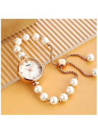 Skmei Watches for Women Elegant Bracelet Set Rose Gold Rhinestone Wrist Watch with Natural Pearls Bangles Ladies Bracelet Watche white - view 4
