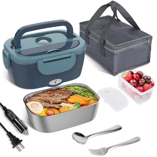 Vabaso Electric Lunch Box Food Heater, 80W Electric Heating Lunch Boxes Lunch for Adults/Men/Car/Truck/Work, 1.5L Removable 304 Stainless Steel Container, 110V/12V/24V, with Fork & Spoon - Image 1