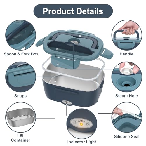 Vabaso Electric Lunch Box Food Heater, 80W Electric Heating Lunch Boxes Lunch for Adults/Men/Car/Truck/Work, 1.5L Removable 304 Stainless Steel Container, 110V/12V/24V, with Fork & Spoon - Image 5