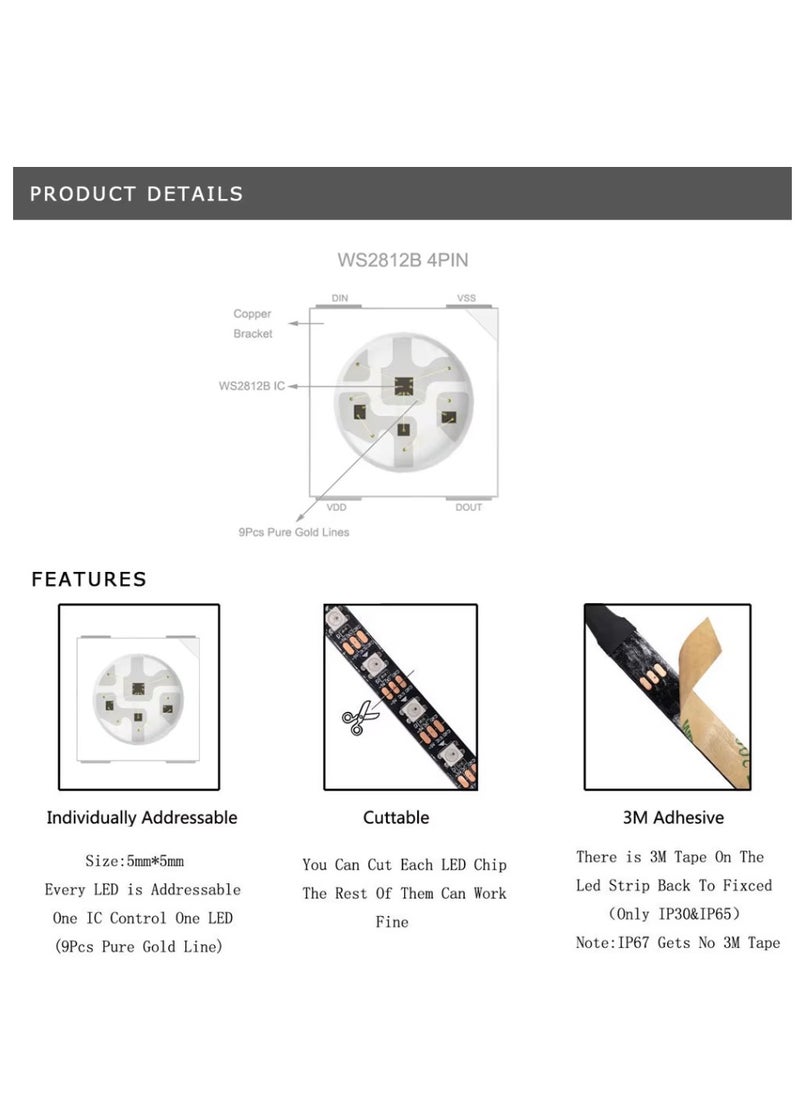Generic - WS2812B Led Strip RGB Individually Addressable LED Strip DC 5V White PCB - Image 1