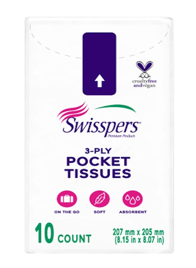 Swisspers Pocket Tissues, 3-Ply White Facial Tissues for Purse, Pocket, Car, Strong & Absorbent, 10 Tissues/Pack, 8 Packs (80 Tissues Total) - Image 2