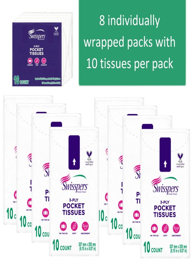 Swisspers Pocket Tissues, 3-Ply White Facial Tissues for Purse, Pocket, Car, Strong & Absorbent, 10 Tissues/Pack, 8 Packs (80 Tissues Total) - Image 3