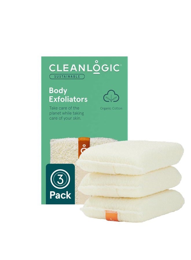 cleanlogic Organic Cotton Exfoliating Body Scrubber, Reusable Exfoliator Tool for Smooth and Softer Skin, Daily Skincare Routine, Natural, 3 Count Value Pack - Image 1