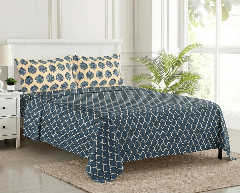Trance Home Linen 200TC 100% Cotton King Size Printed Bedsheet | Bedding Set of King Size Flat Bed Cover with 2 Pillow Covers (108x108 inch | 9ft x 9ft - Dori & Damask - Blue) - Image 1