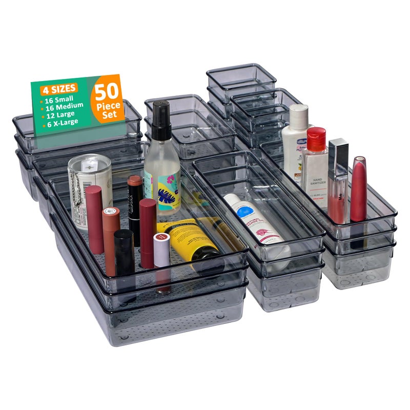 Kuber Industries Kuber Industries Acrylic Set of 50 Transparent Cosmetic Organizer Tray | Drawers Organisers for Kitchen, Office and Bathroom Vanity Makeup | Stationery Storage Drawer Divider Tray | Black  - Image 1