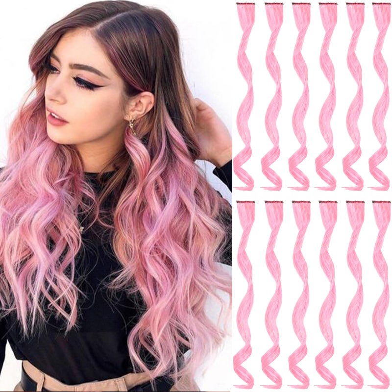 GPOVVIMX 12 PCS Pink Hair Extensions Clip in, Curly Wavy Colored Extension for Kids Girls - Party Highlights Synthetic Hairpiece 17 inch - Image 1