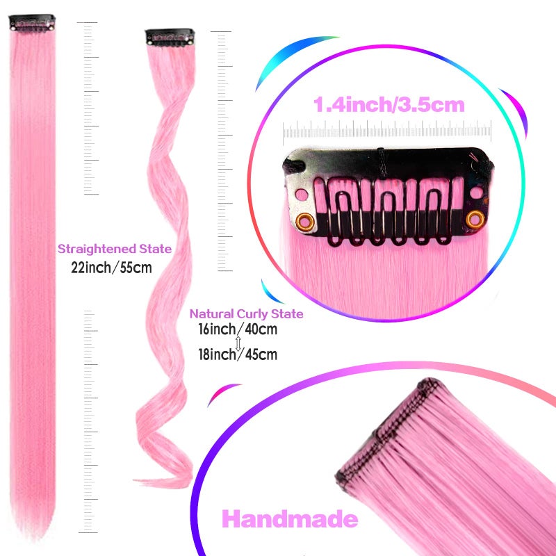 GPOVVIMX 12 PCS Pink Hair Extensions Clip in, Curly Wavy Colored Extension for Kids Girls - Party Highlights Synthetic Hairpiece 17 inch - Image 3