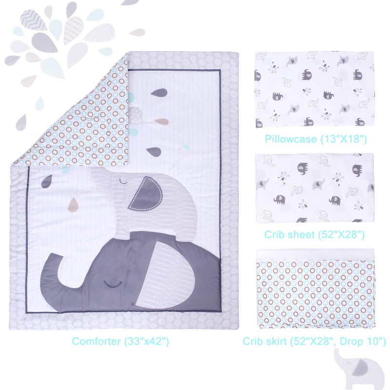 JISEN مجموعة سرير الأطفال 4 قطع من JISEN للفتيات والفتيان - مجموعة لحاف سرير ناعمة مع لحاف، شريحة، غطاء وسادة، تنورة فيل رمادي - Image 4