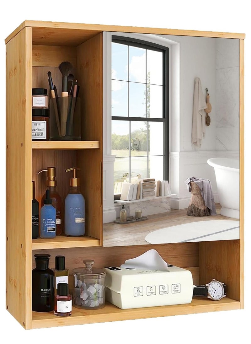 Generic Bathroom Cabinet Wall Mounted with Mirror Bamboo Medicine Cabinet Over the Toilet Storage Organizer Space Saver Medicine Cabinet with Door and Adjustable Shelves for Kitchen Laundry Room Natural  - Image 1
