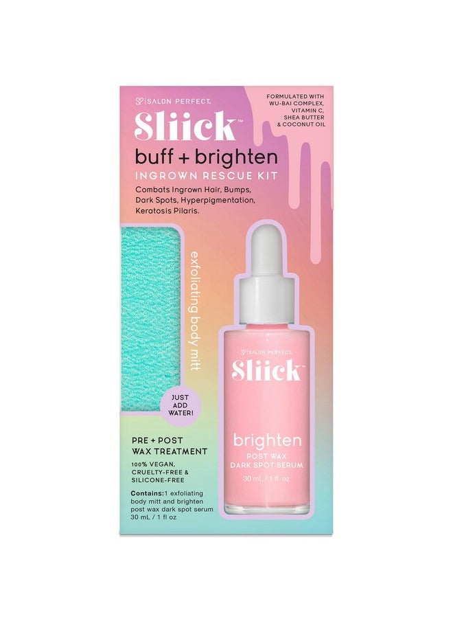 Salon Perfect Sliick Buff + Brighten Ingrown Hair Rescue Kit - Exfoliating Body Mitt & Post Wax Dark Spot Serum - Treats Ingrown Hairs, Razor Bumps, & Dark Spots, 1oz  - Image 1