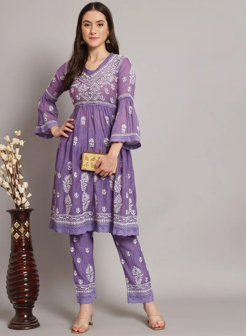Alaya Hand Embroidered Chikankari Chanderi Cotton Frock Style Kurta Pant-AL3661KS