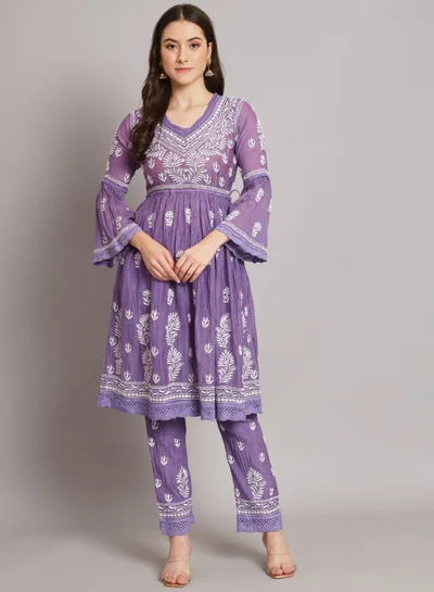 Alaya Hand Embroidered Chikankari Chanderi Cotton Frock Style Kurta Pant-AL3661KS