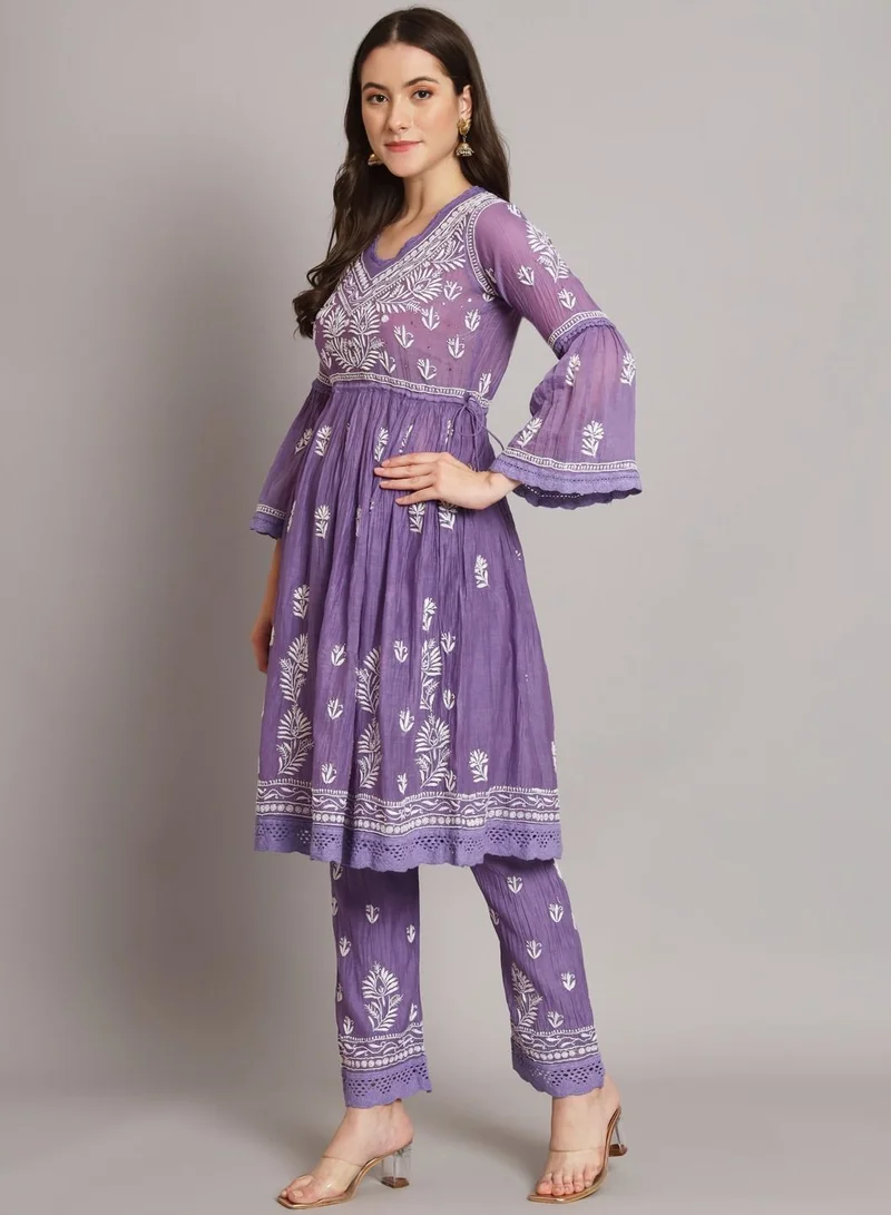 Alaya Hand Embroidered Chikankari Chanderi Cotton Frock Style Kurta Pant-AL3661KS