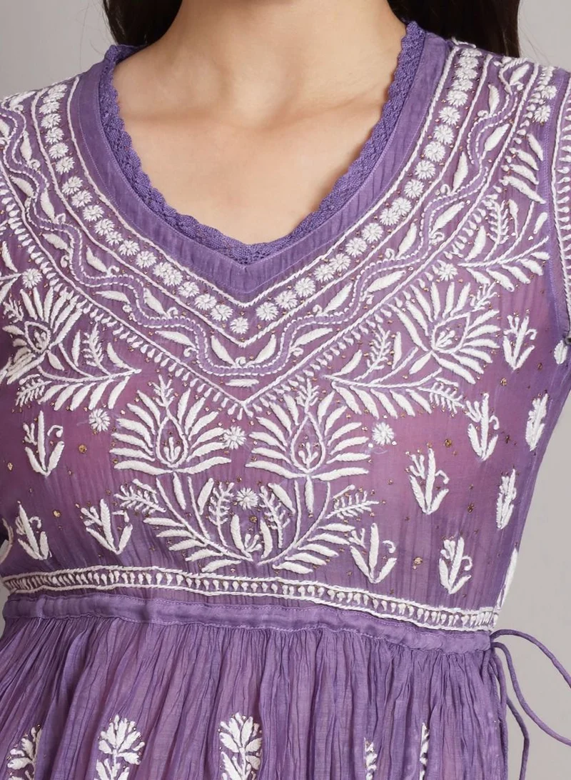 Alaya Hand Embroidered Chikankari Chanderi Cotton Frock Style Kurta Pant-AL3661KS