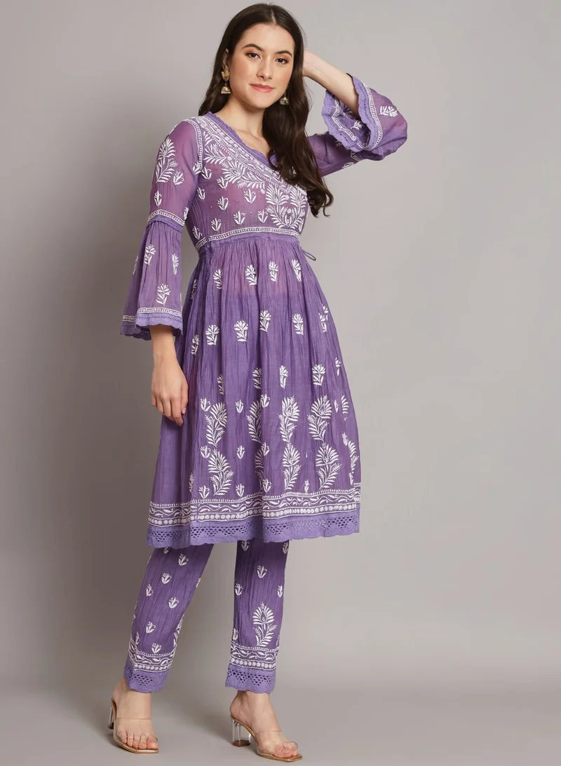 Alaya Hand Embroidered Chikankari Chanderi Cotton Frock Style Kurta Pant-AL3661KS