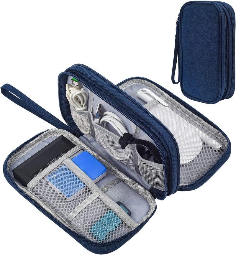WISHKEY Cable Organizer Pouch for Travel | Double Layer Electronic Accessories Bag for Cables, Charger, Power Bank, Earphones, USB, Hard Drive | Durable Nylon Tech Organizer with Mesh Pockets (Blue) - Image 2